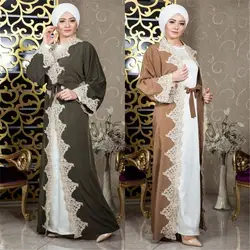 Роскошные элегантные длинное мусульманское платье кружевные цветы Абаи Dubai Islamic Костюмы Новый дизайн женские вечерние открытым халат