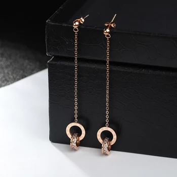 

YUN RUO Fashion Double Circle Zircon Tassel Stud Earring Woman Rose Gold Color Titanium Steel Jewelry Birthday Gift Not Fade