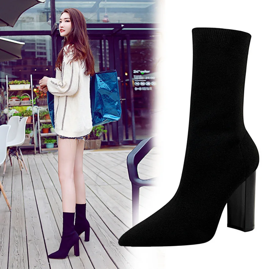 

Autumn and winter fashion new simple thick with high-heeled pointed sexy nightclub knitting booties sock boots