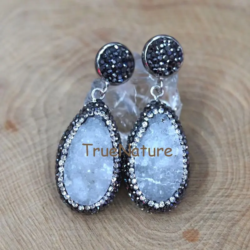 

White Black Zircon Beads Paved Round Charm Teardrop Crystal Druzy Pendant Earring Druzy Stone Drop Earring In 30*18 mm ER7492