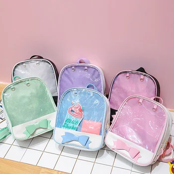 

1 PC Half Transparent Backpack Girls bow School Bag Cute Candy Color Double Shoulder College Bag Handbag Women Summer Travel