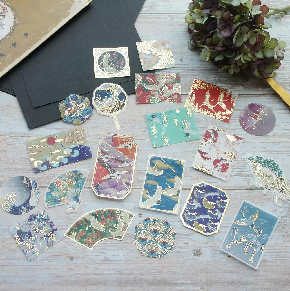 

56pcs Gold Ancient Chinese Elegant Theme Crane Screen Fan Style Paper Sticker Scrapbooking DIY Gift Packing Label Decoration Tag