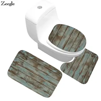 

Zeegle Wood Printed 3Pcs Bathroom Carpet Non-slip Bathroom Floor Mats Bath Mat Set Absorbent Shower Mat Bathroom Rug Bath Carpet