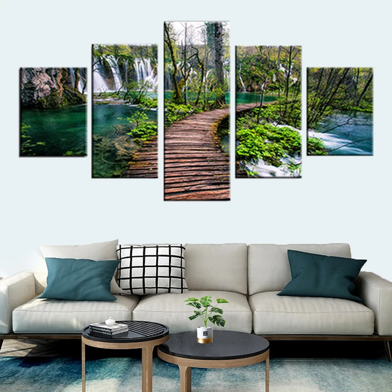 

Modular 5 pieces waterfall green trees and forest bridge natural landscape canvas painting poster wall art picture decoration