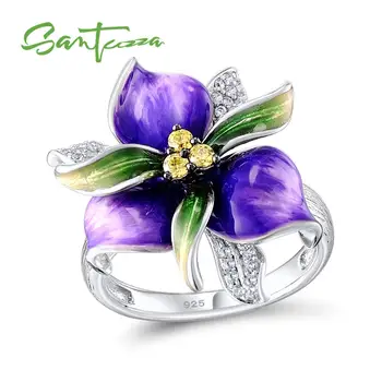 

SANTUZZA Silver Ring For Women 925 Sterling Silver Purple Flower White Cubic Zirconia Ring Party Fashion Jewelry Handmade Enamel