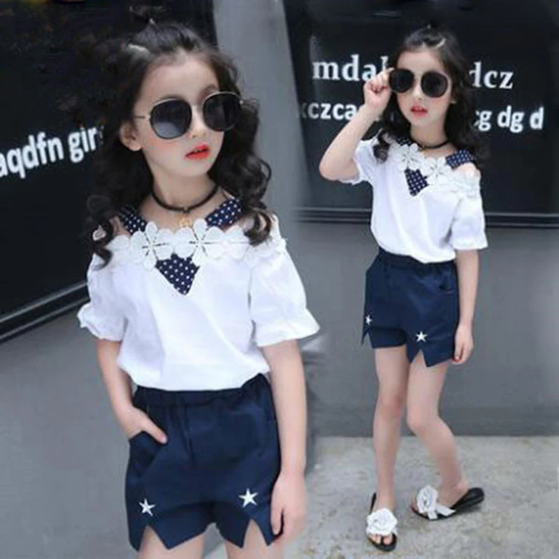 

Summer Female Children Sets 2018 Fashion girl Clothes Child White Shirt+Shorts Pant Girls Suit Children's Clothing