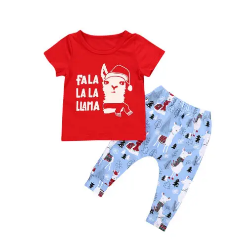 Новая хлопковая одежда в рождественском стиле Рождественская Красная футболка с принтом альпаки для маленьких мальчиков топы+ длинные штаны, одежда для малышей