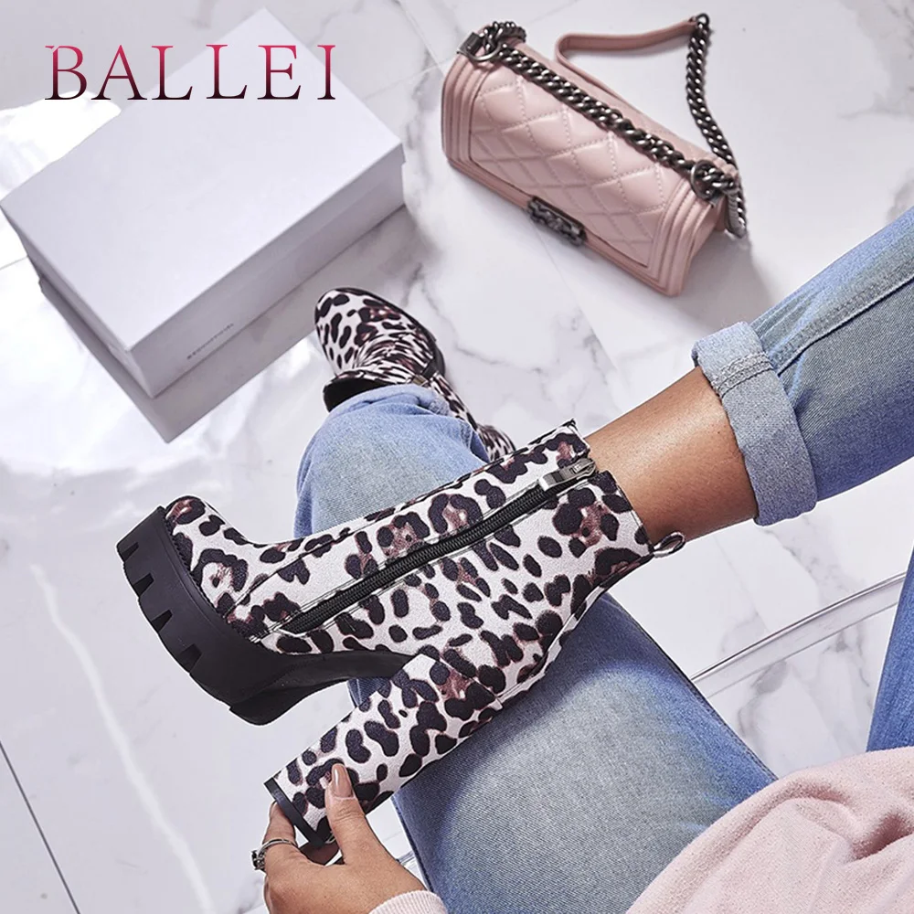

BALLEI Fashion Lady Winter Ankle Boot Handmade Velvet Sexy Leopard Print High Square Heel Shoes Elegant Retro Vintage Boots B34