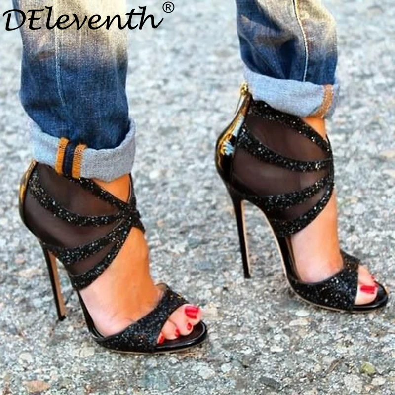 

DEleventh Stylish Sexy Black Paillette Cut-outs Mesh Stiletto High Heels Sandals Sequins Mesh Hollow Out Women Shoes haute talon
