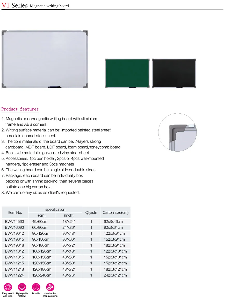 High Quality Magnetic Whiteboard Aluminium Frame Dry Erase Board BW-V1