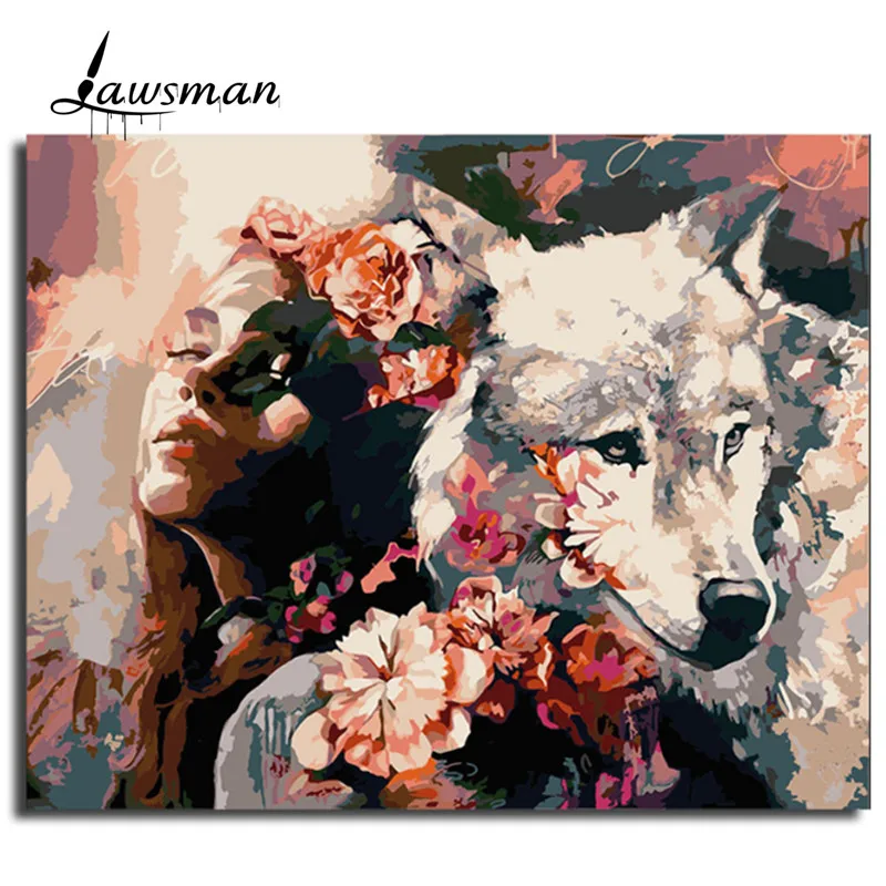 

Lawsman wolf women painting by numbers on abstract wall art oil painting kit hand painted picture by number decoration paintings