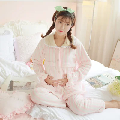 Autumn winter Add wool Pajamas Feeding Home Furnishing Maternal Lactation Month Long Sleeved Suit Maternity Sleepwear