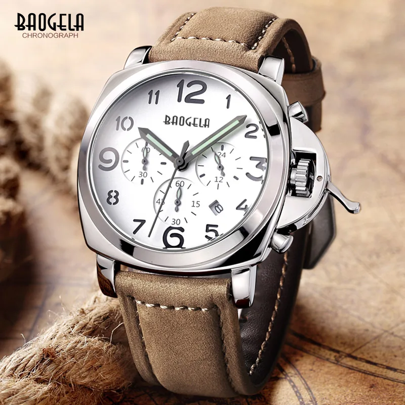 

Baogela Mens Chronograph Luminuos Hands Leather Strap Quartz Wrist Watches Date Indicator 3 Bar Waterproof Watch for Man 1702