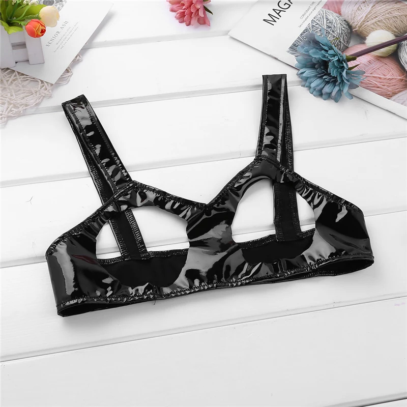 YiZYiF Womens Sexy Open Cups Bra Erotic Lingerie Wetlook Faux Leather Fetish bra cut erotic breasts Underwear open bra Crop Top