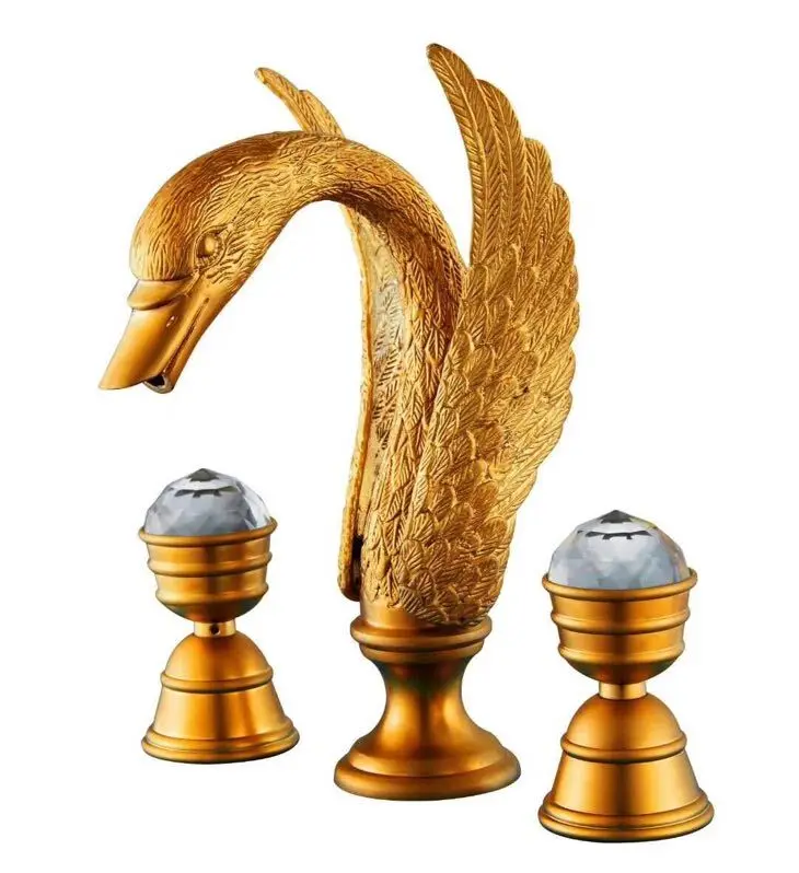 

3 Pieces swan sink faucet widespread lavatory sink faucet Mixer tap deck mounted Crystal handles