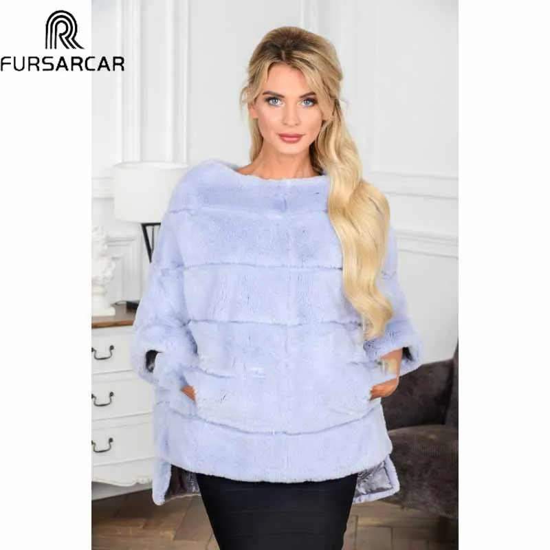 Top FURSARCAR 2018 New Fashion Real Fur Coat Women Winter Rex Rabbit Fur Jacket Cape High Quality Real Fur Shawl Winter Natural Fur 0