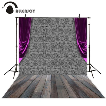 

Allenjoy photo background Halloween Spider web Wood board floor Purple curtains Halloween decoration Children for Photo studio