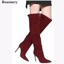 Лидер продаж; женские модные замшевые сапоги до колена с острым носком; классические дизайнерские сапоги на высоком каблуке