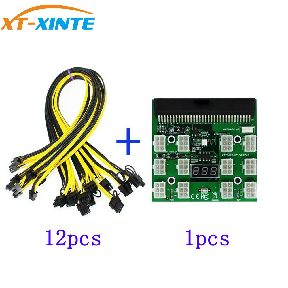

PCI-E 12V 64Pin to 12x 6Pin Power Supply Server Adapter Breakout Board + 12Pcs 6Pin Power Cable for HP 1200W 750W PSU GPU Mining