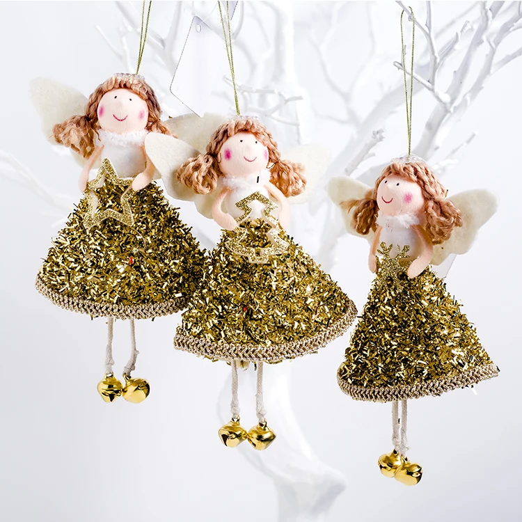 

Cute Gold Dress Angel Girl Pendant for Christmas Tree Decorations Xmas Drop Ornaments New Year Hangings Star Snowflake Available