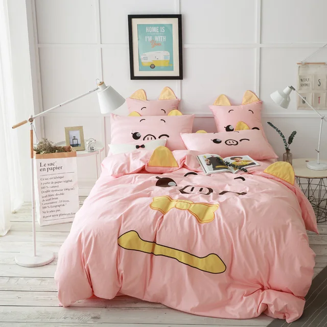 Cute Cartoon Print And Applique Blue Green Pink Grey Bedding Set