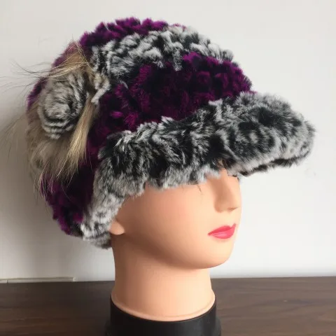 Женская натуральная шапка из меха кролика рекс для женщин модная брендовая вязаная меховая шапка KAH413 - Цвет: grey purple