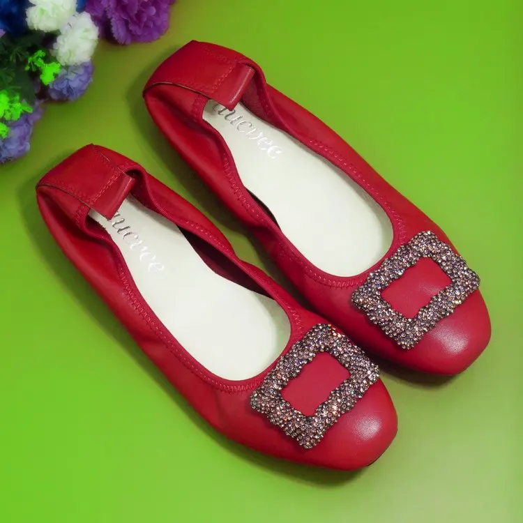 Handmade 100% Genuine Leather Women Shoes Simple style Footwear Women soft Cowhide Loafer Crystal Buckle Lady  Ballet Flat Shoes (8)