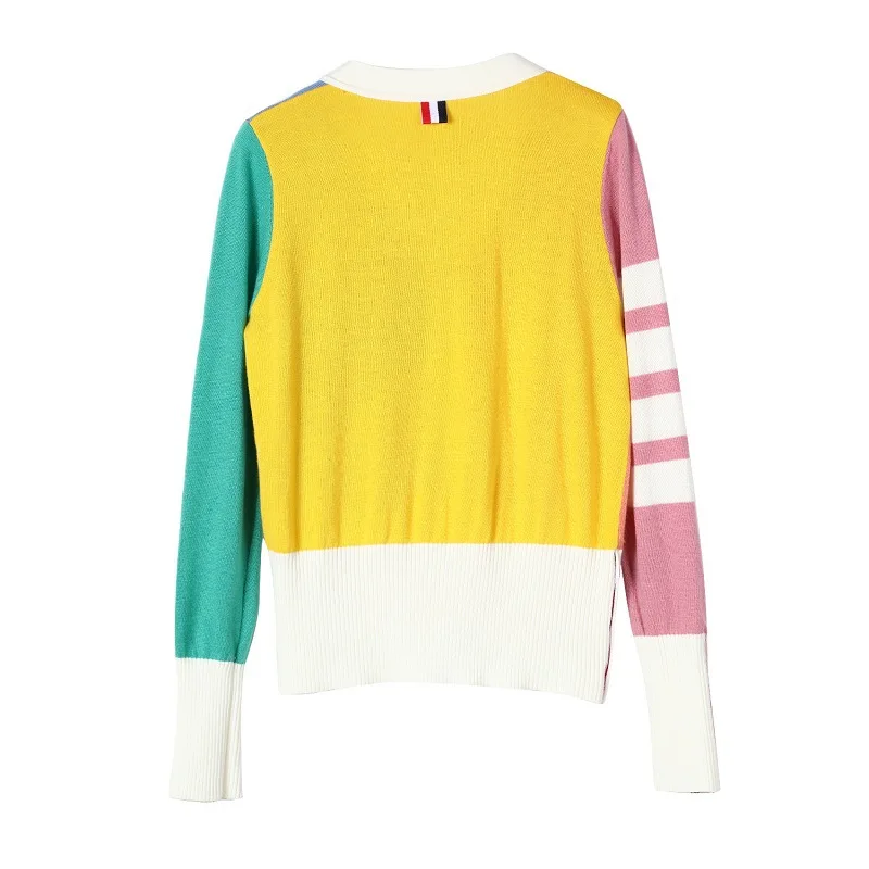 Elastic knit patchwork singel breasted cardigans sweater coats 2018 new long sleeve v-neck women top coats