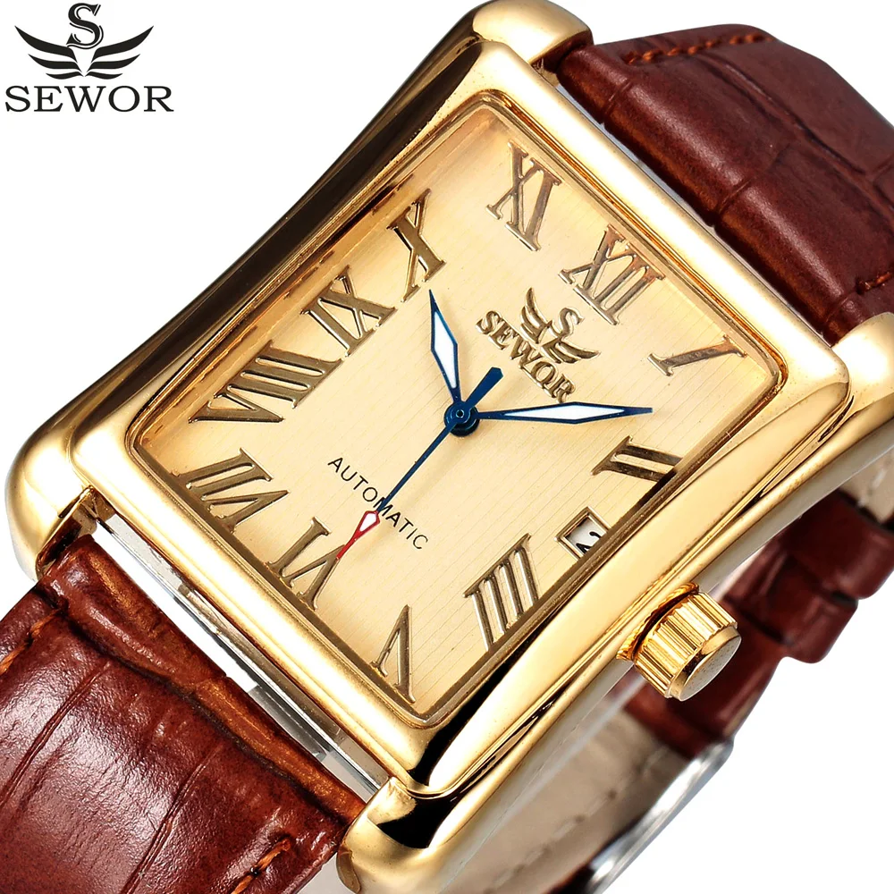 

SEWOR Brand Auto Date Roman Rectangle Automatic Watch Gold Leather Strap Business Mechanical Watches Relogio Masculino