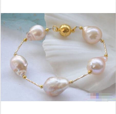 

Free shipping >>>>>>P4015 8" 16mm pink BAROQUE KESHI REBORN PEARL gild 5star bracelet