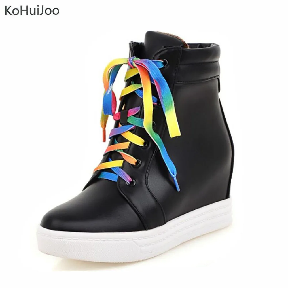 

KoHuijo 2018 Winter Women Sneakers Casual Lace Up High Quality Wedge Heels Female Shoes Increase Height Platform vulcanize shoes