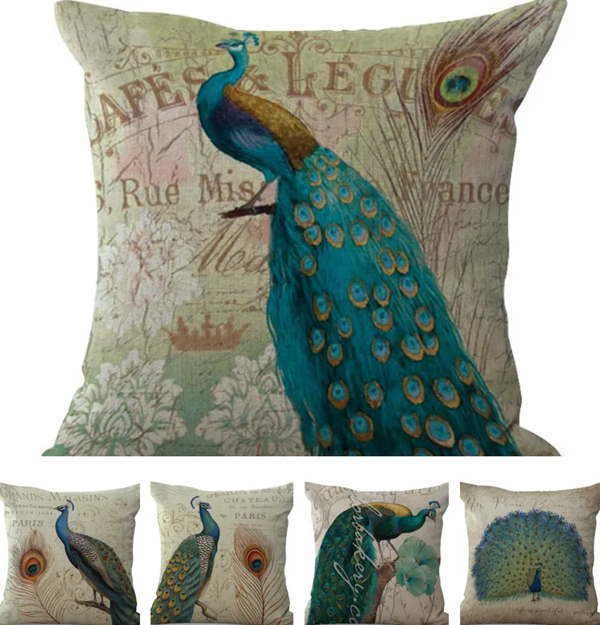 Vintage Peacock Linen Cotton Pillow Cover Home Decor Painting Cushions Cover Decorative Throw