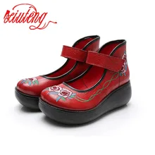 Xiuteng/Женская обувь из натуральной кожи в стиле ретро; обувь с вышивкой в национальном стиле; женская кожаная обувь на толстой танкетке
