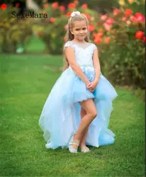 Голубое платье с цветочным узором для девочек, сексуальное платье с высокой талией для маленьких девочек с длинным шлейфом, украшенное