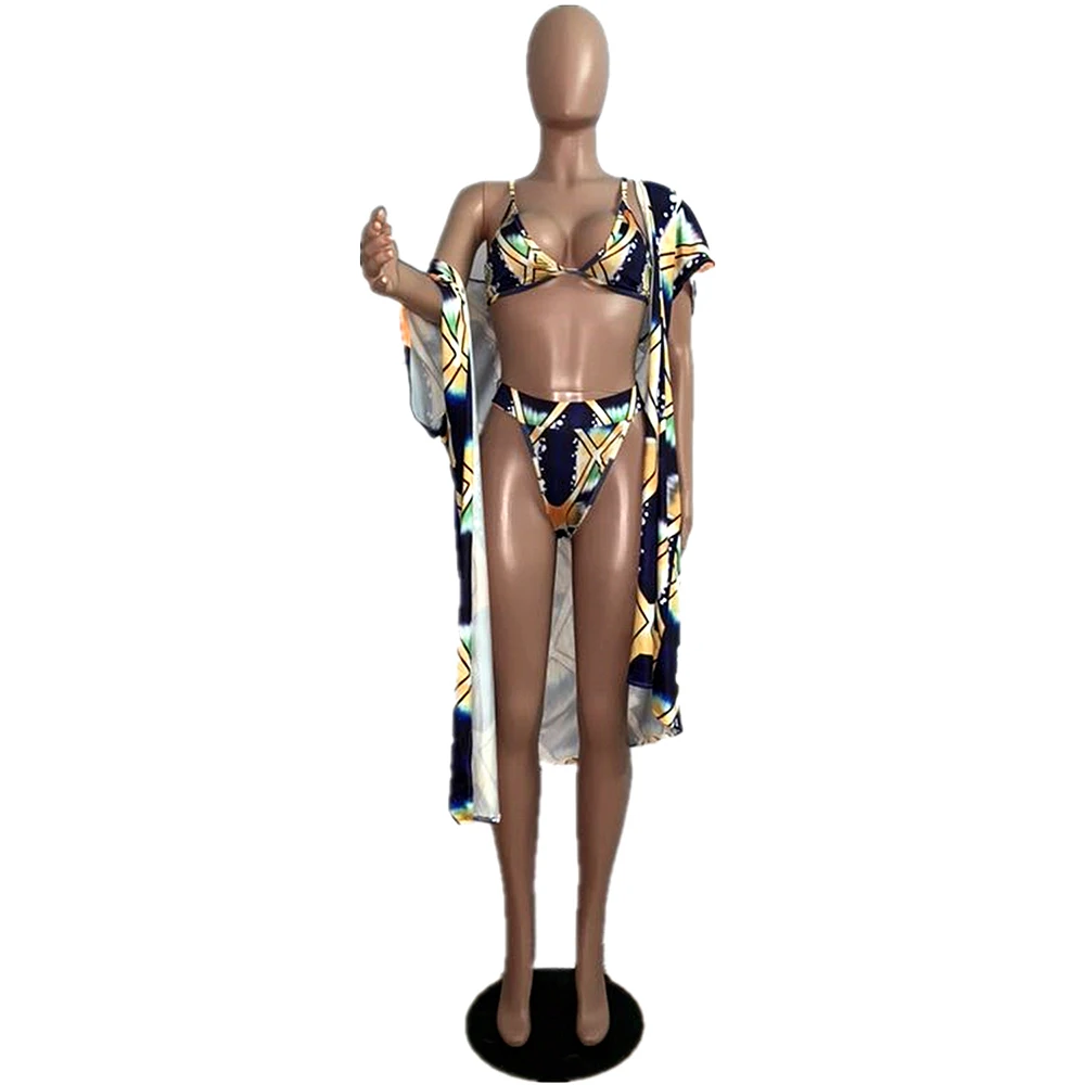 Купальник из 3 предметов с принтом и высокой талией, комплект бикини, Солнцезащитная блузка с коротким рукавом, пляжная одежда, женский купальный костюм, летний отдых