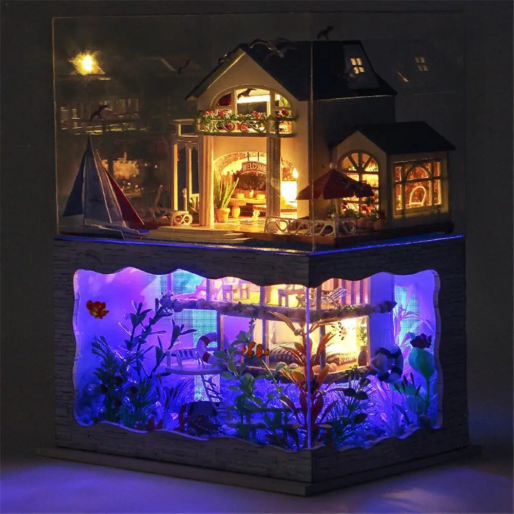 Hawaii Style Double-Story DIY Doll House New Furniture Wooden Miniature Doll Houses With Dust-proof Cover Handmade Craft Toys Hawaii Style Double-Story DIY Doll House New Furniture Wooden Miniature Doll Houses With Dust-proof Cover Handmade Craft Toys