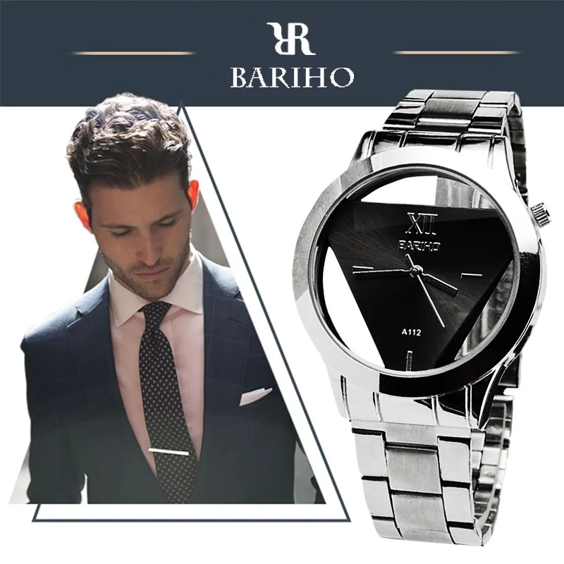 

Brand Bariho Men Watch Hollow Out Triangle Quartz Analog Watches Silver Stainless Steel Casual Wristwatch Masculino Relogio