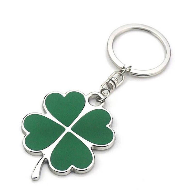

High Quality Heart Green enamel Leaf Keychain Fashion Creative Beautiful Four Leaf Clover Steel Lucky Key Chain Jewelry