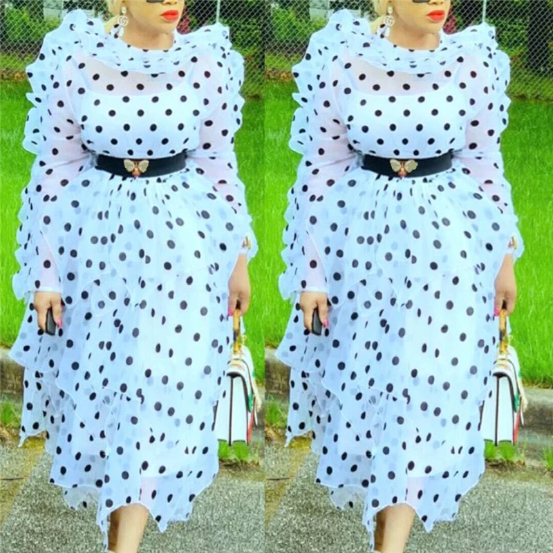 

Women Blouse Skirts 2 Pieces Set Polka Dot Suits Ruffle Thin Transparent Shirts Elegant Tutu Jupes Cute Fashion Summer Plus Size