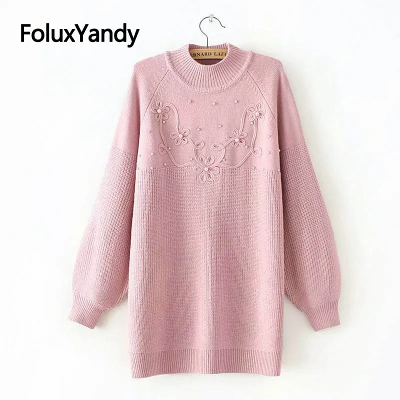 Pearls Turtleneck Sweater Knitted Pullovers Plus Size Casual Solid Loose Long Sleeve Women Sweater Pink Blue KKFY2814