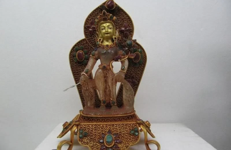

6"Tibet Copper Gild crystal inlay gem carbuncle beryl Padmapani Kwan-Yin Buddha