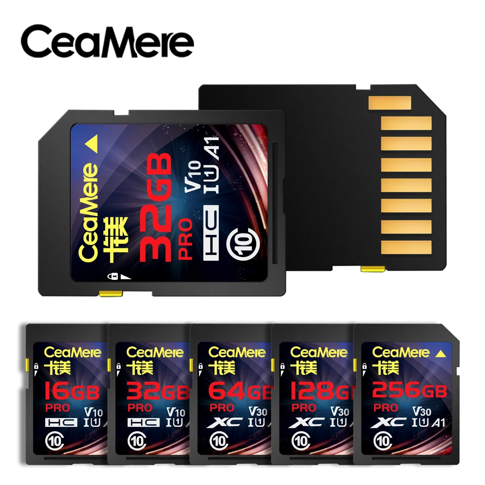 CeaMere SD Card 256G 128GB 64GB 32GB 16GB XC HC Flash Memory Card Class 10 UHS 4