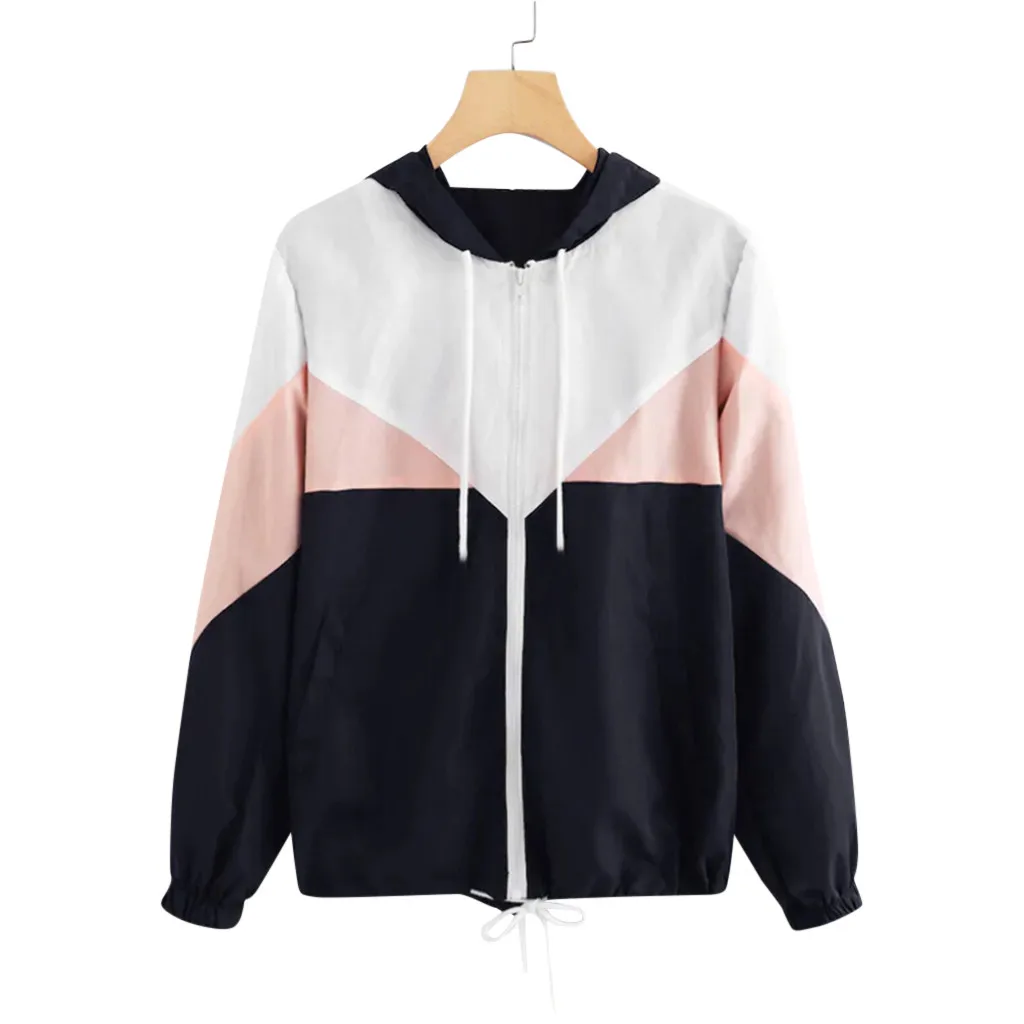 

FeiTong Autumn Patchwork Windbreaker Jacket 2019 Hooded Long Sleeve Women Jacket Coat Chaqueta Mujer