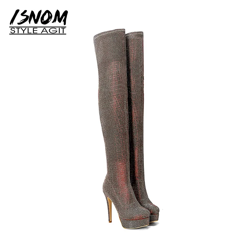 ISNOM 2018 Fashion Lady Stretch Thigh High Boot Woman Sexy Super Heels Shoes Stilettos Platform Over Knee Winter | Обувь