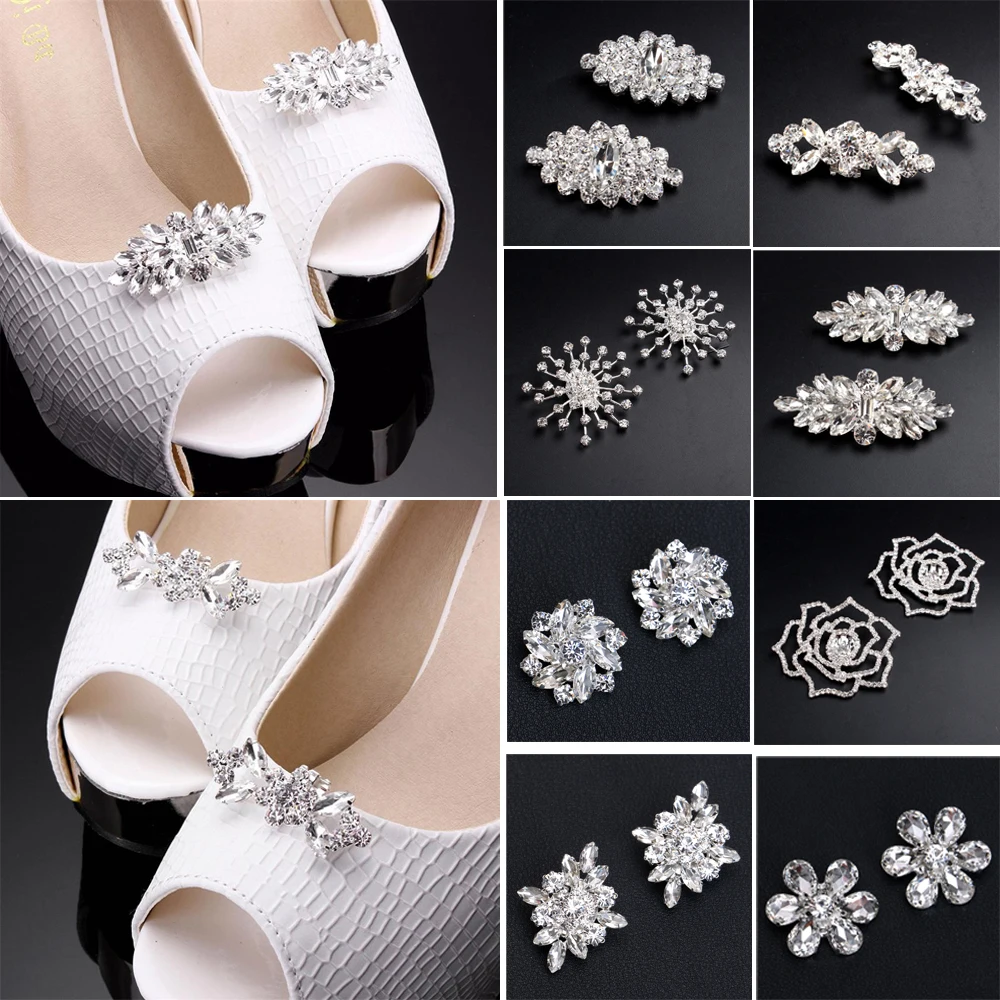 1Pair Shiny Rhinestone Crystal Tone Boots Shoe Clips Buckle Decoration Silver