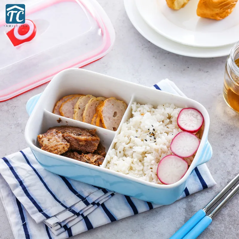 

Nordic Ceramic Lunch Box Microwave Heating Compartment Rectangular Large Separation Sealed Bowl Lid Storage Bento Dinnerware