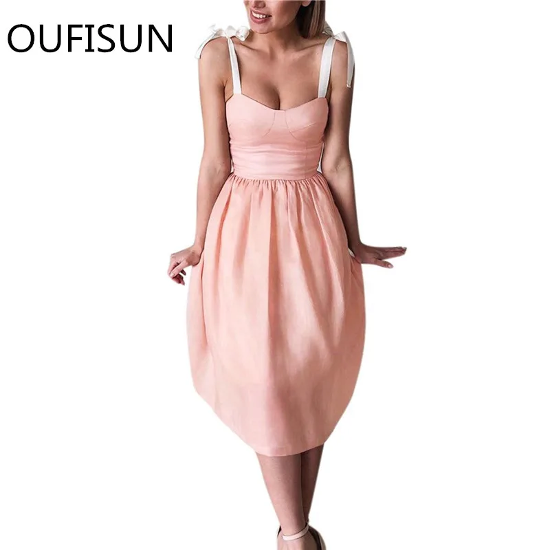 

Oufisun 2019 Summer Sexy Womens Dress Sling Lacing Solid Tube Top Sleeveless Pleated Waist Dress Fashion Off Shoulder Dresses