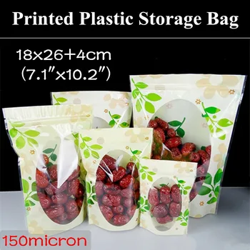 

50pcs 18x26+4cm (7.1"x10.2") Stand up Color Printed Plastic Packaging Bag Green Leaf Clear Window Recloseable Plastic Zip Pouch