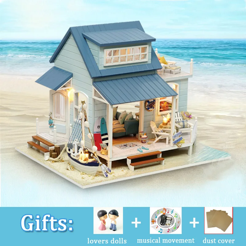 

DIY Big Doll House Seaside Villa Miniature Dollhouse Large Wooden Room with Dust Cover Toys for Girl Birthday Christmas Gift