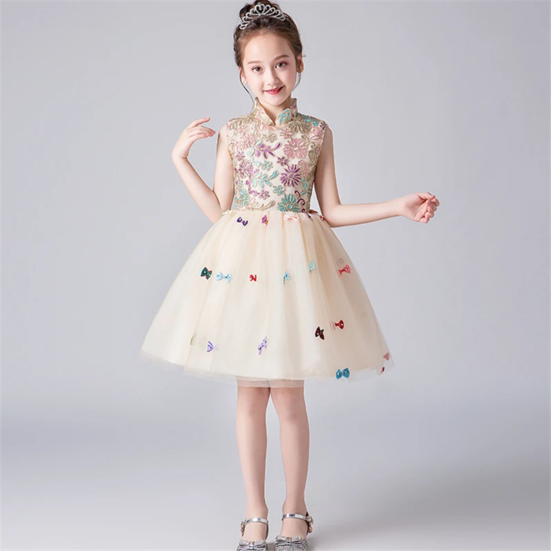 Летнее элегантное милое праздничное платье принцессы без рукавов для маленьких девочек, со стоячим воротником для дня рождения, пышное